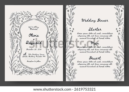 Wedding invitation and menu set with hand drawn floral illustration. floral frame. Perfect for card, poster, flyer