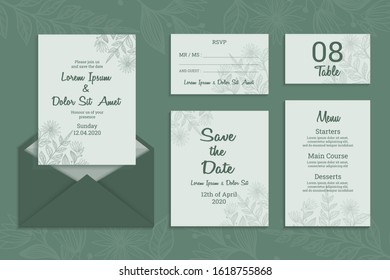 Wedding invitation with menu, table number, rsvp and save the date card design. Elegant hand drawn illustration for wedding invitation