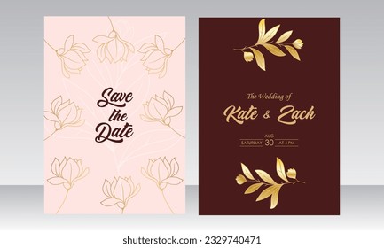 Wedding invitation and menu template with beautiful leaves and flower.