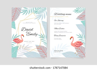 Wedding invitation and menu template with blue leaves and pink flamingo