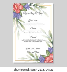 Wedding invitation and menu template with floral and leaves
