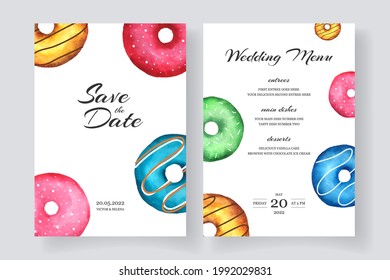 Wedding invitation and menu template with hand painted watercolor donuts. Vector