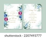 Wedding invitation and menu template set with beautiful floral and leaves decoration