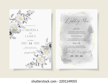 Wedding invitation and menu template set with floral and leaves decoration