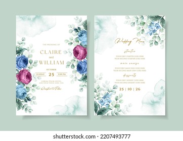 Wedding invitation and menu template set with beautiful floral and leaves decoration