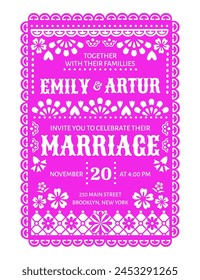 Wedding invitation , Mexican papel picado paper cut banner. Vector fuchsia colored invite card template with traditional floral pattern, in style of festive spirit of Mexico, joy, love and celebration