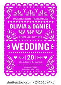 Wedding invitation in mexican paper cut papel picado flag style with vector floral ornaments of flowers, leaves and hearts. Wedding and marriage anniversary party invite banner with ethnic pattern