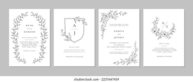 Plantilla elegante de minimalismo de invitación a bodas. Marco de dibujo de la mano de la flor. Conjunto de vectores