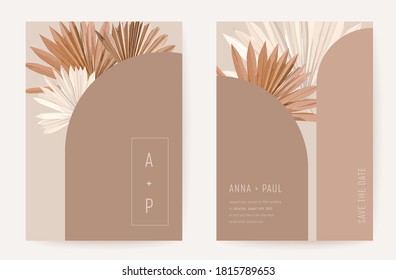 Wedding invitation minimalist card, boho art deco tropical palm leaves poster, frame set, modern minimal terracotta template vector. Save the Date golden foliage trendy design, luxury brochure