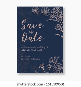 wedding invitation minimalist card design style with beauty doodle hand drawn carnation flower ornament outline vintage frame background mockup template vector illustration
