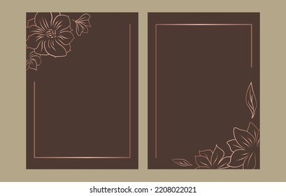 Wedding Invitation with minimalist design custom luxurious brown invitation unique design gold foil, elements ornament of flower, and leaf gold.