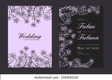 wedding invitation modern botanical floral flower with doodle abstract hand drawn style vintage retro frame ornament decoration printable background mockup greeting template vector illustration