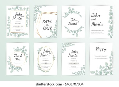 Wedding Invitation modern card Design: green tropical leaf greenery eucalyptus branches decorative wreath & frame. Vector watercolor rustic template. eps10.