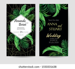Wedding invitation for modern design.Vector backgtound in tropical style. Greeting card.