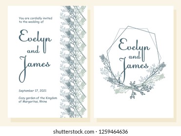 Wedding invitation. Modern floral design. Card with flowers in gentle tones. Wedding printing with flowers and twigs in soft green and blue tones. Vector flower frame. Vintage invitations.