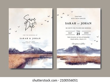 Wedding invitation with mountain and lake watercolor