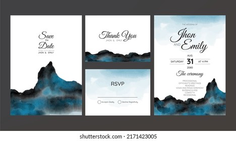 wedding invitation with mountain landscape, watercolor background	
