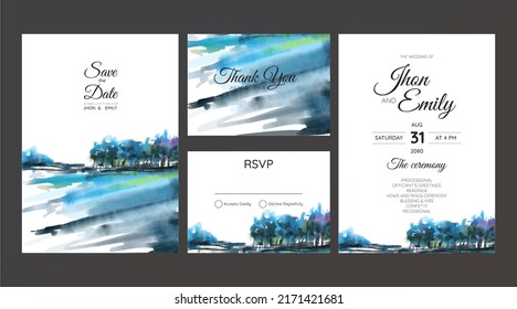 invitación de boda con fondo de color azul con vistas a la montaña	
