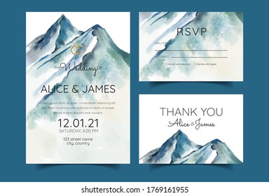 wedding invitation with mountain view watercolor background