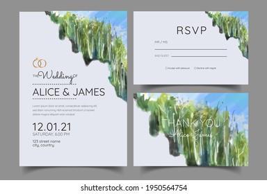 wedding invitation with mountain view watercolor background