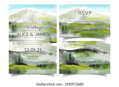 wedding invitation with mountain view watercolor background