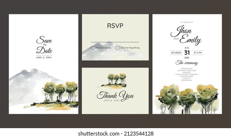 wedding invitation with mountain view watercolor background