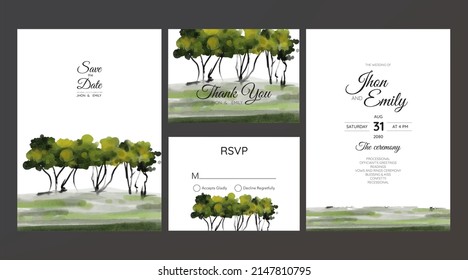 wedding invitation with mountain view watercolor background	