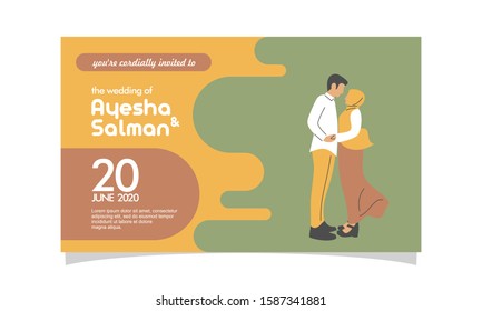 Wedding invitation with muslim couple flat vector charachter. modern design flat vector for marriage. graphic illustration. married concept. Groom and bride card template.