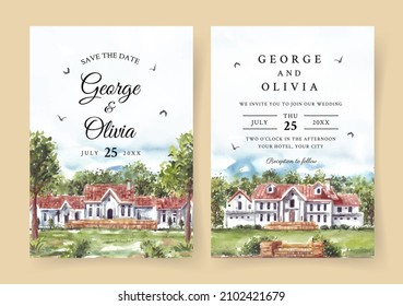 Wedding invitation of nature landscape with beautiful house and trees watercolor