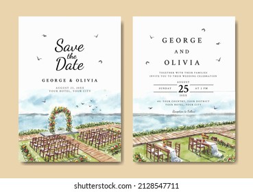 Invitación casera del paisaje natural con hermosa vista de la puerta de la boda acuarela