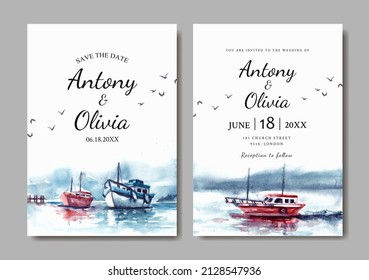 Wedding invitation of nature landscape with boat on sea watercolor