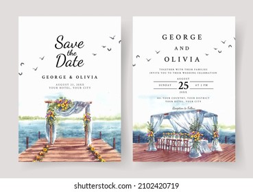 Wedding invitation of nature landscape with wedding gate on dock and lake view watercolor