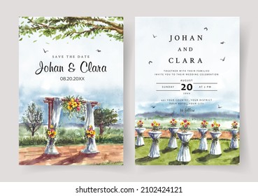 Wedding invitation of nature landscape with wedding gate view watercolor