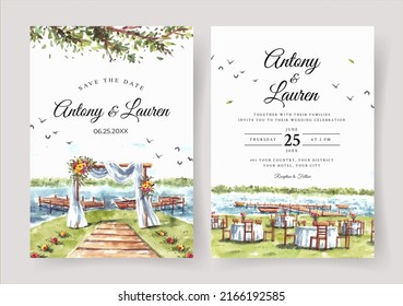 Wedding invitation of nature landscape with wedding gate and lake view watercolor