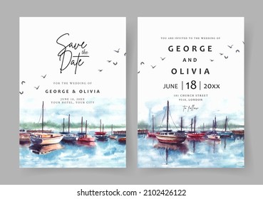 Wedding invitation of nature landscape with harbor and boat watercolor