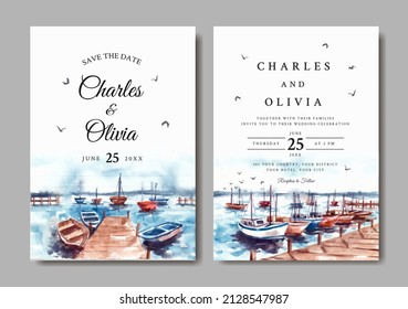 Wedding invitation of nature landscape with harbor and boat watercolor