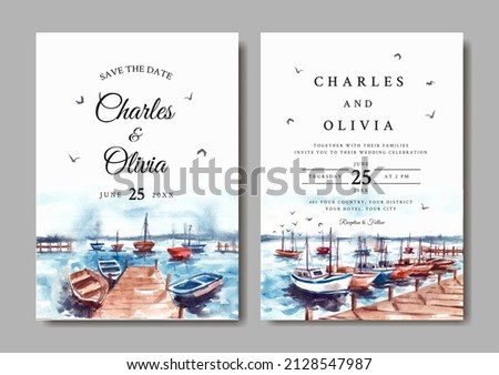 Wedding invitation of nature landscape with harbor and boat watercolor