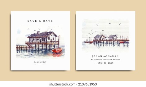 Wedding invitation of nature landscape with house and harbor view watercolor