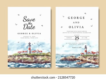 Wedding Invitation Of Nature Landscape With Lighthouse And Sea Cliff Watercolor