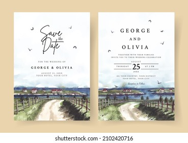 Wedding invitation of nature landscape with road and sea watercolor
