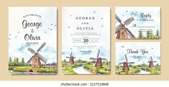Wedding invitation of nature landscape with windmill and river watercolor