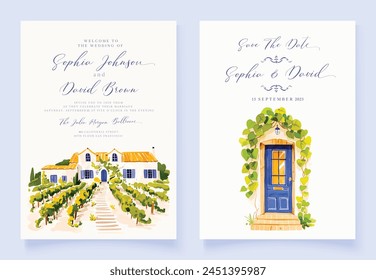 Wedding invitation of nature landscape with wooden door view watercolor