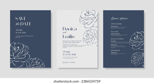 Wedding invitation navy blue with line art. Minimalist wedding card template. trendy modern wedding invitation template