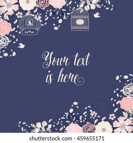 Wedding invitation navy blue and rose blush/ Flower element / Bird cage / Vector card