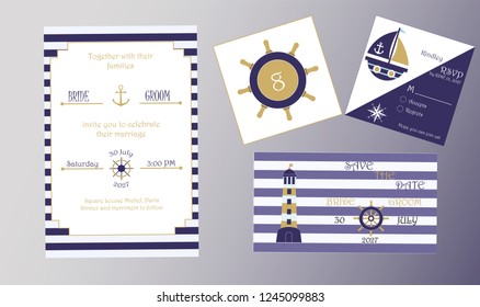 Wedding Invitation Navy Theme.  Includes invintation, rsvp, save the date and table number templates. Vector Illustration.