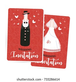 Wedding invitation, newlyweds, bride and groom, a bottle of champagne, red card design template, vector illustration