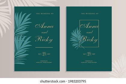 Wedding invitation on the background of palm tropical branches and leaves. Vector holiday invitation. Set. 