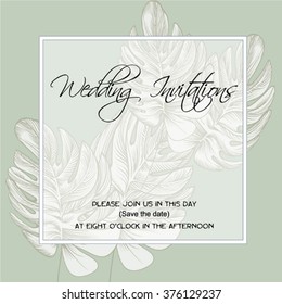 wedding invitation on the background of vintage leaves acanthus, fern and oak