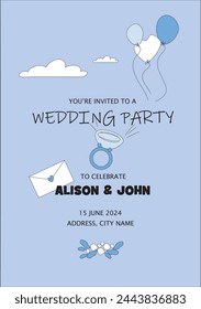 Wedding invitation, on a blue background, balloons, engagement ring, envelope.