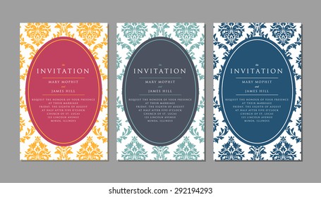 Invitación a la boda sobre el fondo del damasco. Marco de plantilla Invitaciones o anuncios de boda con ilustraciones de fondo antiguas